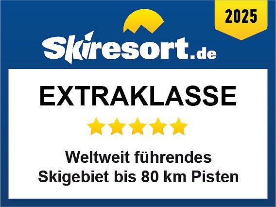 Auszeichnung von Skiresort.de: "Extraklasse" für ein Skigebiet mit 5 Sternen und bis zu 80 km Pisten im Jahr 2025.