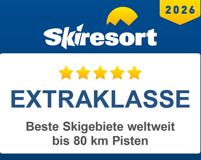 Auszeichnung des Skigebiets 2026: "Extraklasse" mit fünf Sternen. Titel: Beste Skigebiete weltweit bis 80 km Pisten. Hintergrund in Blau mit gelbem Akzent.
