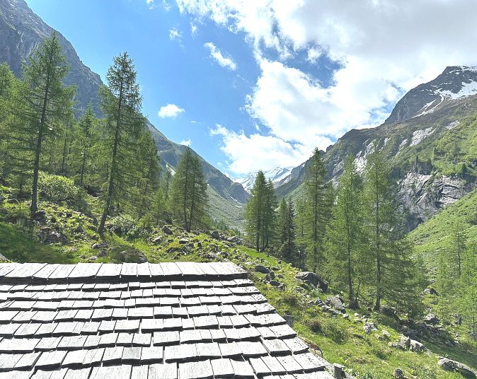 Almhütte mit Schindeldach vor malerischem Bergpanorama. Grüne Tannen und steile Gipfel, teils schneebedeckt, unter blauem Himmel mit Wolkenformationen.