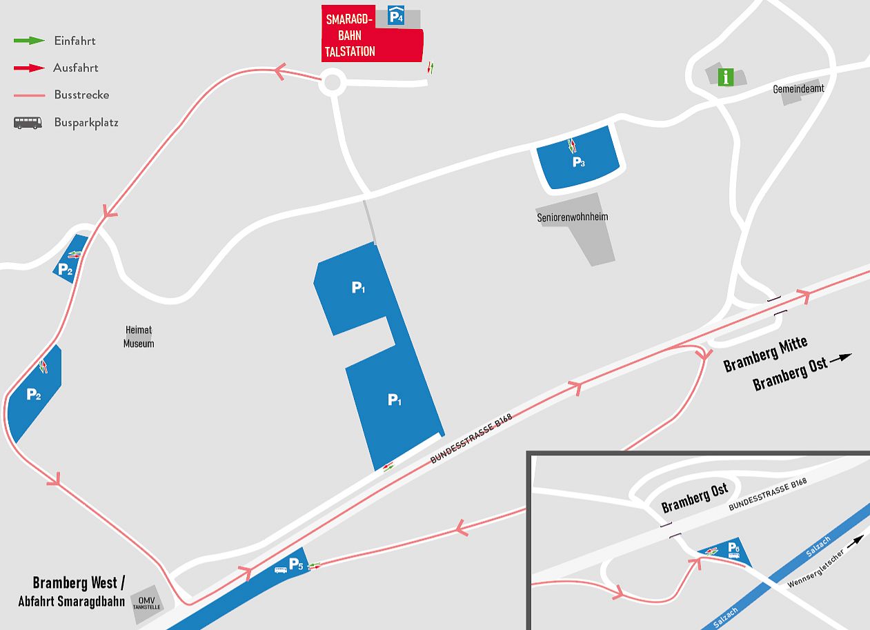 Eine schematische Karte zeigt Parkmöglichkeiten und Zufahrtsstraßen rund um die Bramberg-Bahnstation, inklusive eines vergrößerten Kartenausschnitts rechts.
