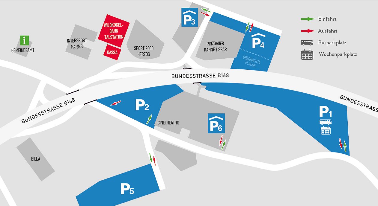 Übersichtskarte eines Parkgeländes mit Parkplätzen, Zufahrten, Kassen und nahegelegenen Geschäften und Attraktionen entlang der Bundesstraße B148.
