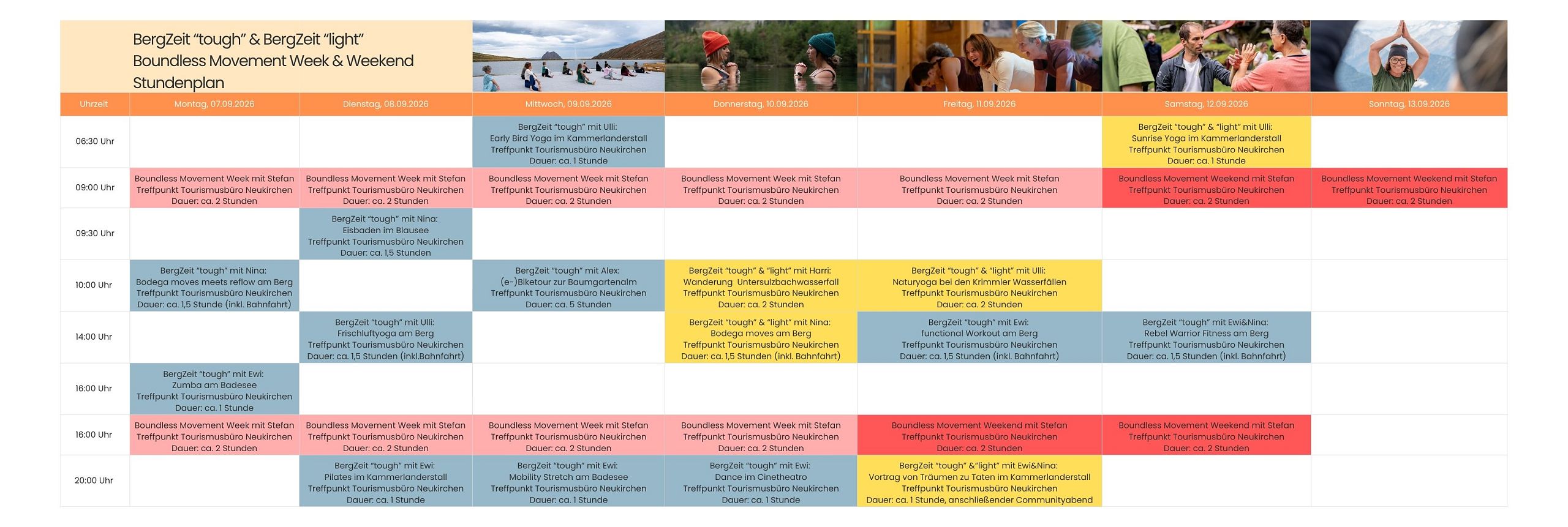 Ein buntes Veranstaltungsprogramm mit Zeitplan. Verschiedene Aktivitäten und Details sind in farbigen Feldern dargestellt, die aneinander gereiht sind.