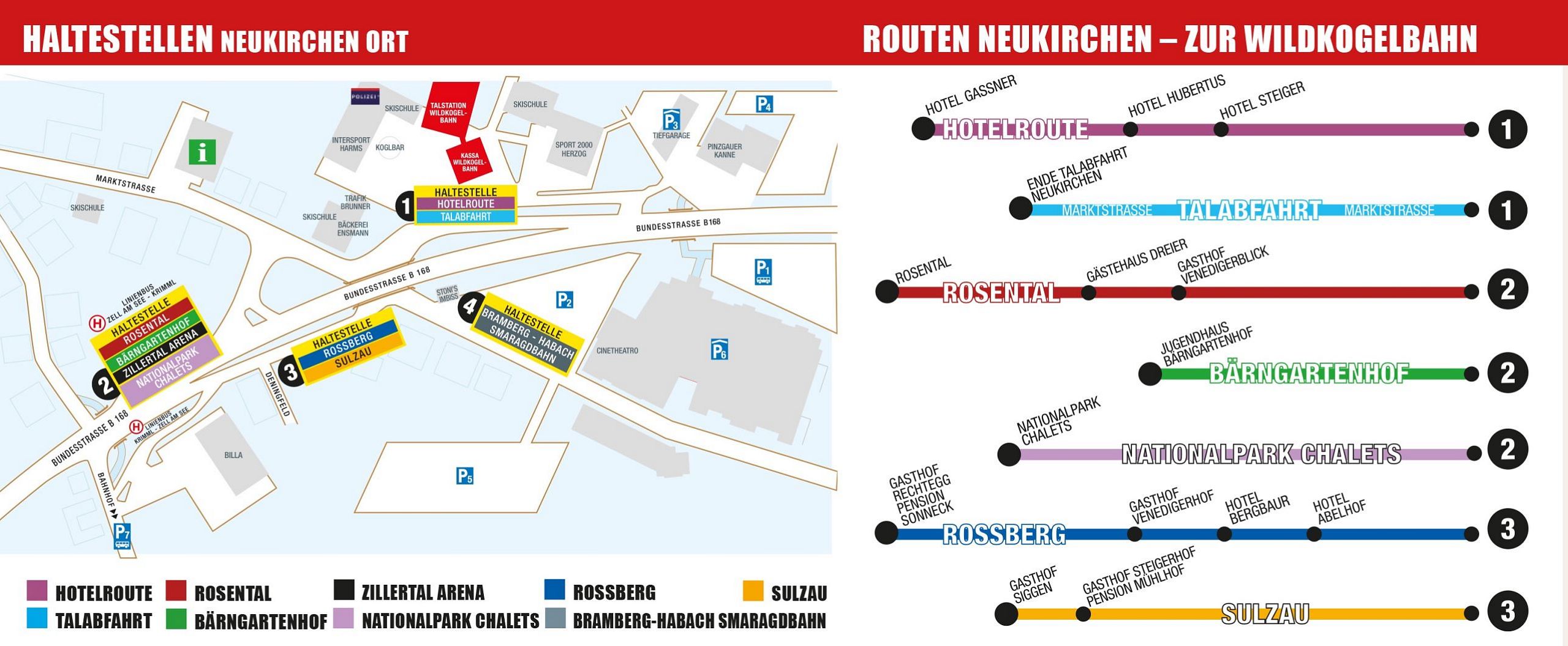 Eine schematische Karte zeigt Haltestellen in Neukirchen und diverse Routen zur Wildkogelbahn. Verschiedene Linien sind farblich kodiert, um die Wege zu kennzeichnen.