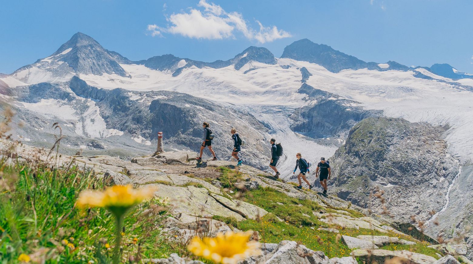 Skupina turistů vystupuje po horském stezce s pohledem na zasněžené vrcholky hor a jasnou modrou oblohu. V popředí jsou květiny na kamenité půdě.