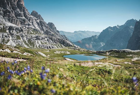 Berglandschaft mit blühenden Wiesen, einem klaren Bergsee im Zentrum und steilen Felsgipfeln im Hintergrund unter einem blauen Himmel.