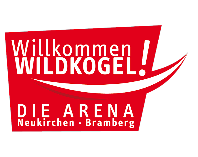 Rotes Logo mit weißem Text: "Willkommen Wildkogel! Die Arena Neukirchen · Bramberg". Ein geschwungener weißer Bogen verleiht dem Design Dynamik und Lebendigkeit.