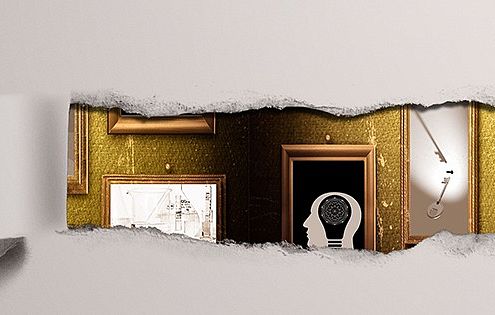 Gerissene Papierkante enthüllt Bilderrahmen mit Kopf-Symbol, Uhr und Schlüssel-Loch auf brauner Tapete. Oben rechts steht eine Website-Adresse.