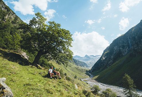Dva lidé sedí pod stromem na zelené louce v horské krajině s modrou oblohou a kopci v pozadí.